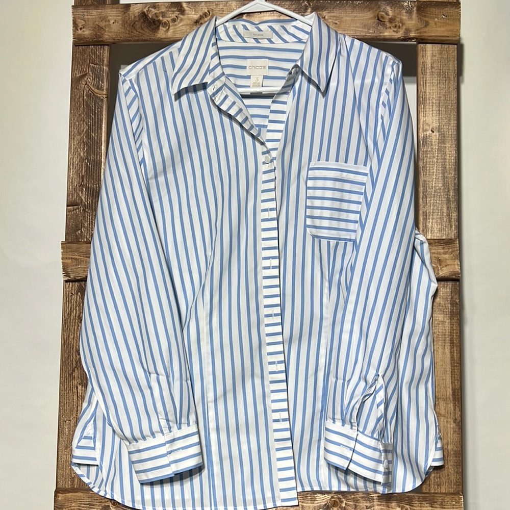 Chicos blue and white striped button-down no iron dress shirt. Size 3. EUC.
